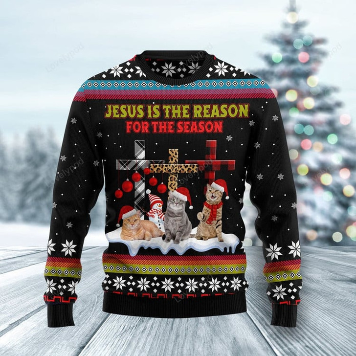 FUNSTUFFPRINT Jesus is the reason for the season Cat Ugly Christmas Sweater, Christmas Sweatshirt Gift for Man Women Ugly Sweater