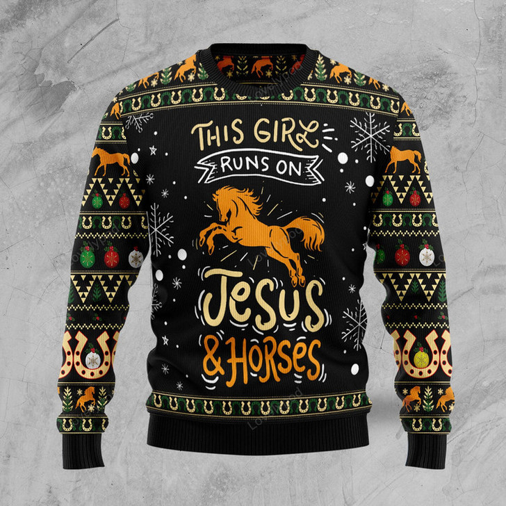 FUNSTUFFPRINT Girls run on jesus and horses Ugly Christmas Sweater, Christmas Sweatshirt Gift for Man Women Ugly Sweater