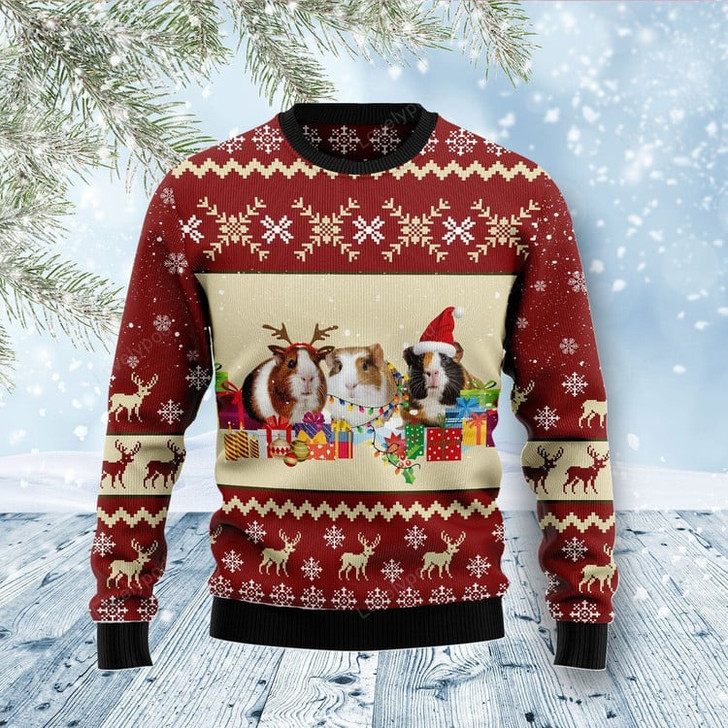 FUNSTUFFPRINT Guinea Pig Snow Ugly Christmas Sweater Ugly Sweater