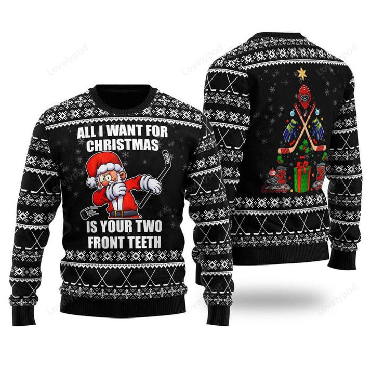 FUNSTUFFPRINT Santa Hockey All I Want For Christmas Is Your Two Front Teeth Ugly Christmas Sweater For Men & Women Ugly Sweater