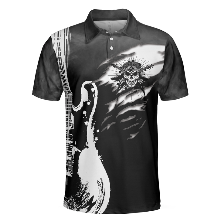 Guitar And Skull Short Sleeve Men Polo Shirt, Streetwear Polo Shirt, Black And White Guitar Shirt For Men