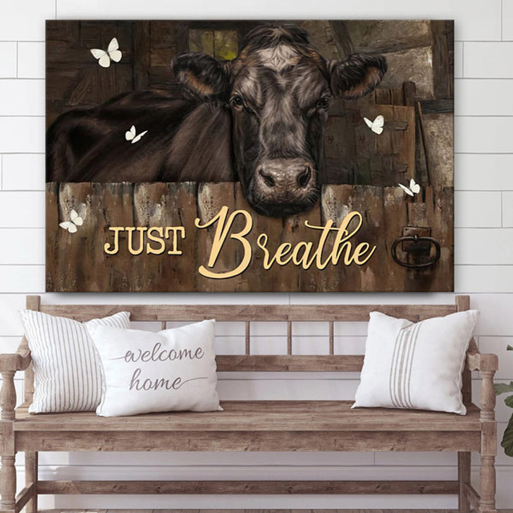 Just Breathe Cow Canvas Wall Art - Christian Canvas Wall Decor - Bible Verse Wall Art Canvas - Farmer Gift