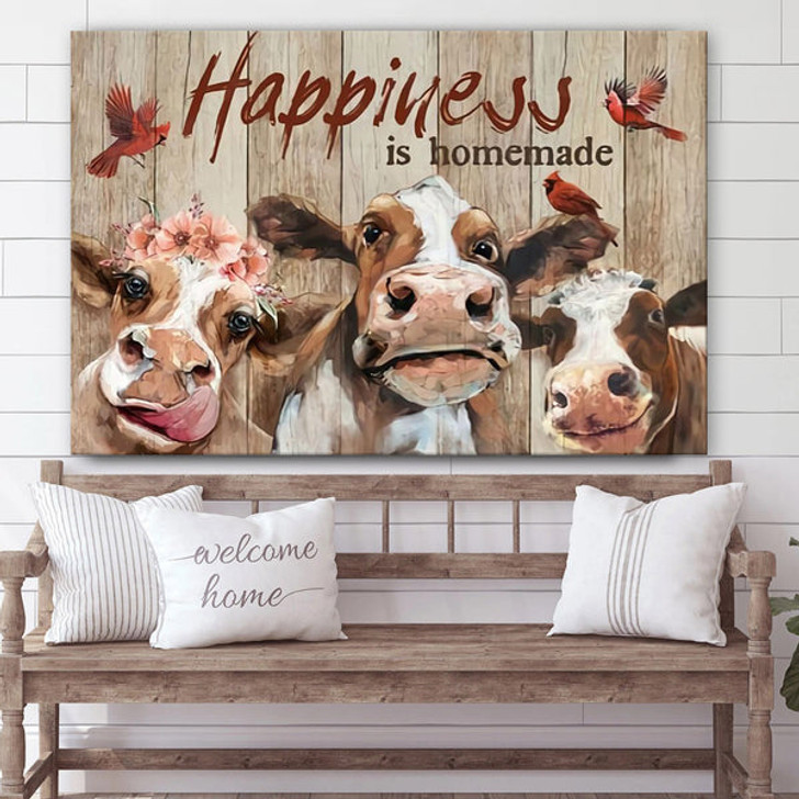 Happiness Is Homemade Cow Canvas Wall Art - Christian Canvas Wall Decor - Bible Verse Wall Art Canvas - Farmer Gift