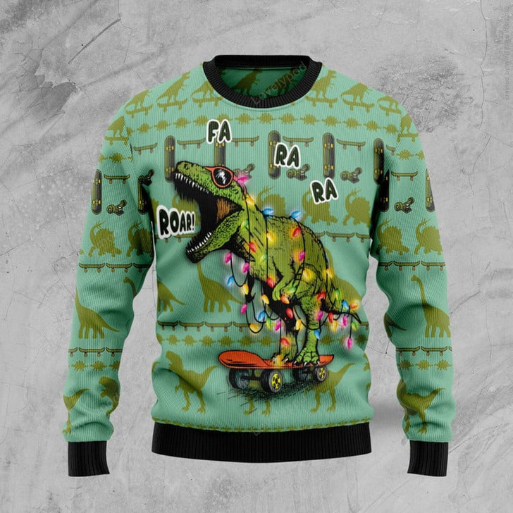 FUNSTUFFPRINT Skateboard Dinosaur Ugly Christmas Sweater, Xmas Lover Ugly Sweatshirt, Gift For Christmas Lover, Christmas Sweater Ugly Sweater