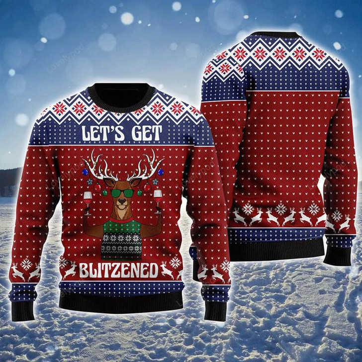 FUNSTUFFPRINT Reindeer Ugly Sweater, Lets Get Blitzened Ugly Sweater, Funny Reindeer Pattern Brown Sweater For Men & Women  Ugly Sweater