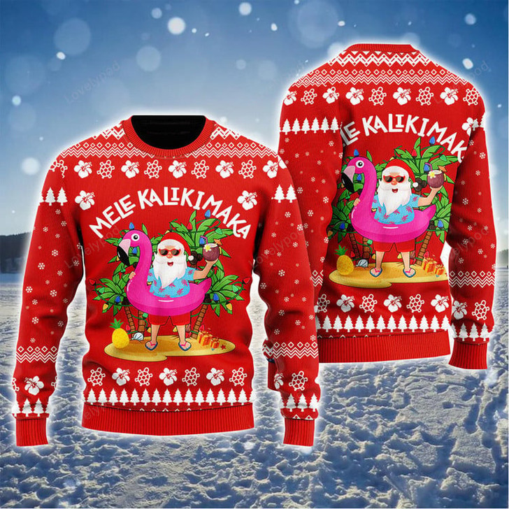 FUNSTUFFPRINT Hawaiian Santa Ugly Sweater, Mele Kalikimaka Ugly Sweater, Funny Hawaiian Santa Claus Red Ugly Sweater Ugly Sweater