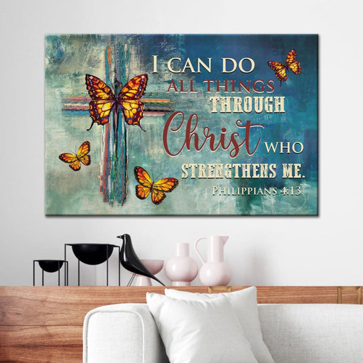 Philippians 413 I Can Do All Things Through Christ Wall Art Canvas, Butterflies Cross Christian Wall Decor - Religious Wall Decor