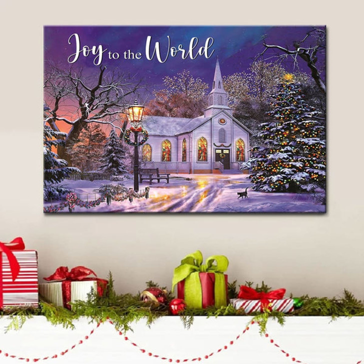 Joy To The World, Country Church In Snow, Christmas Wall Art Canvas - Religious Wall Decor