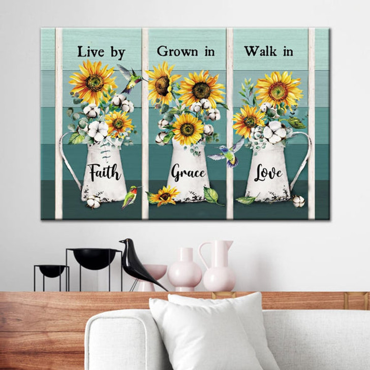 Christian Wall Art Live By Faith Grow In Grace Walk In Love, Hummingbird Sunflower Canvas Print - Religious Wall Decor