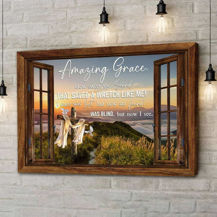 Christian Wall Art Amazing Grace How Sweet The Sound Cross Mountain Canvas Print - Religious Wall Decor