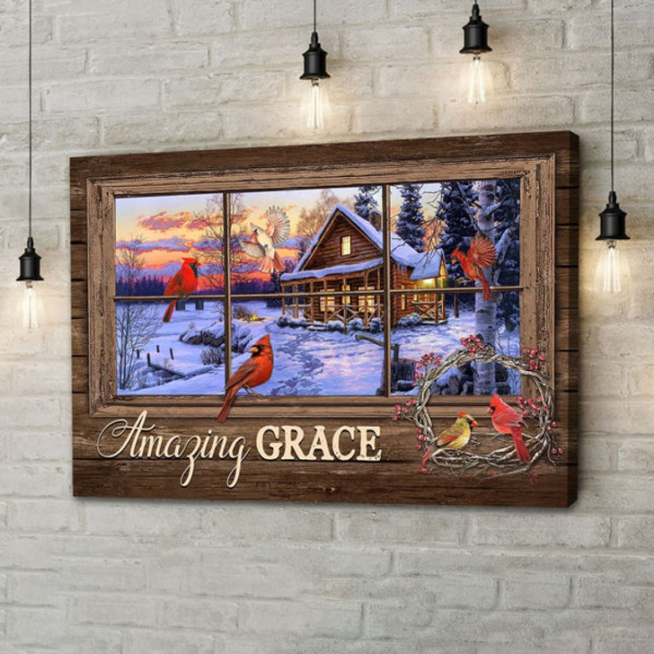 Amazing Grace Wall Art Canvas, Cardinal Birds, Christian Christmas Wall Decor - Religious Wall Decor