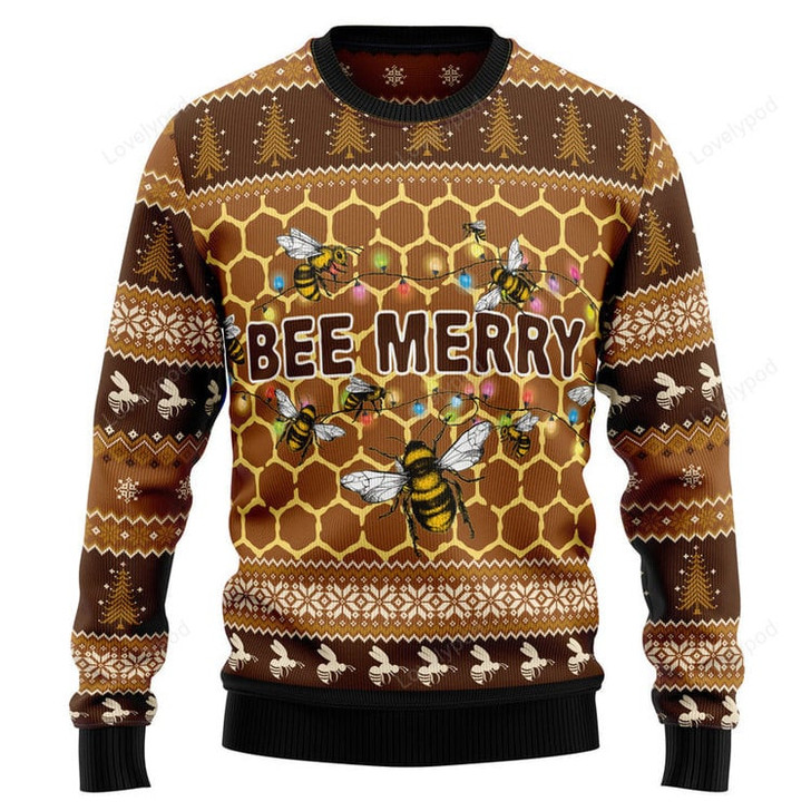 FUNSTUFFPRINT Bee Merry Ugly Christmas Sweater, Christmas sweatshirts, Christmas gift Ugly Sweater
