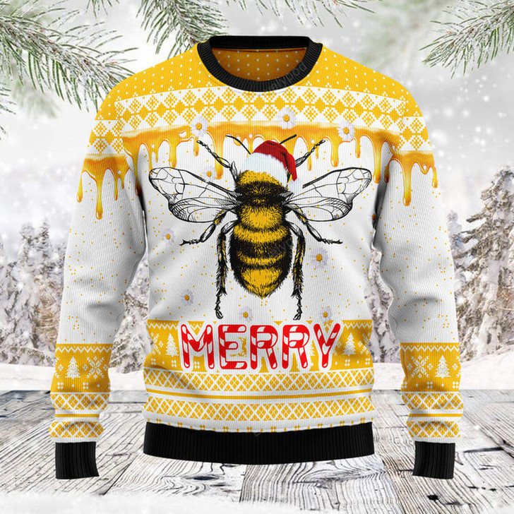 FUNSTUFFPRINT Bee Merry Ugly Christmas Sweater, Christmas sweatshirt, Christmas gift Ugly Sweater