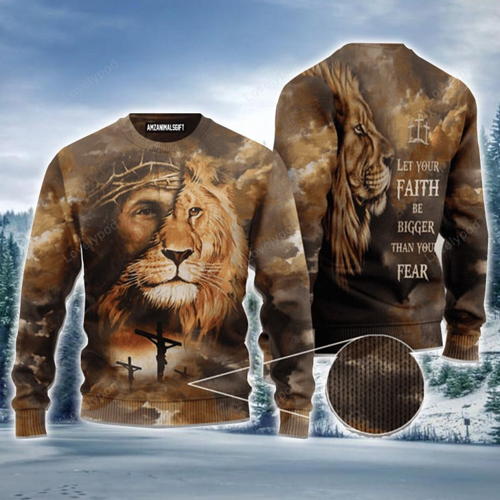 FUNSTUFFPRINT Lion Christ Let Your Faith Be Bigger Ugly Sweater, Christmas Sweater For Men & Women Ugly Sweater