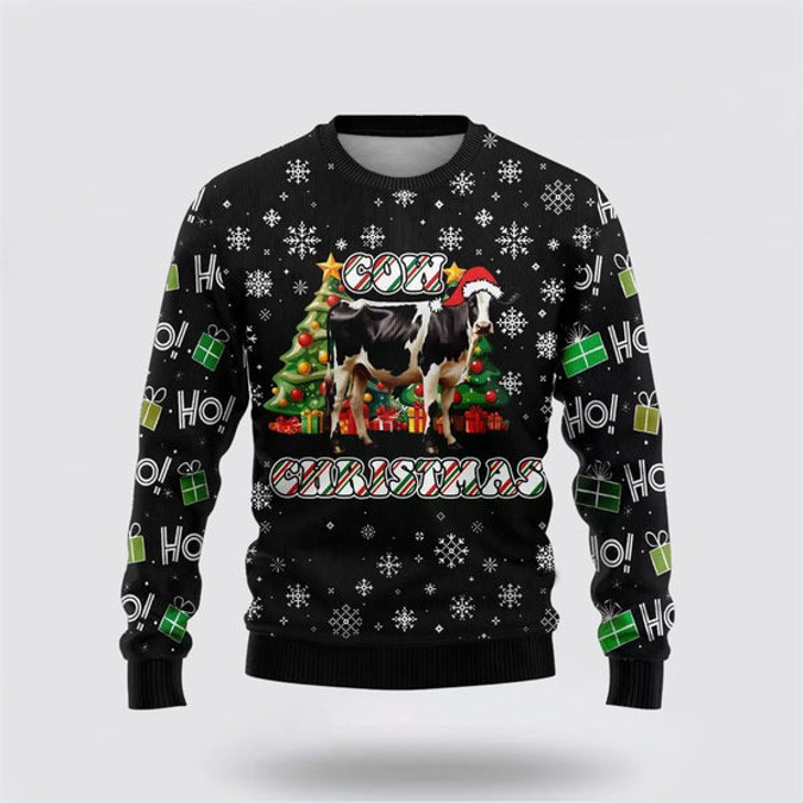 FUNSTUFFPRINT Xmas Pine Tree Cow Ugly Christmas Sweater, Farm Sweater, Christmas Gift, Best Winter Outfit Christmas Ugly Sweater