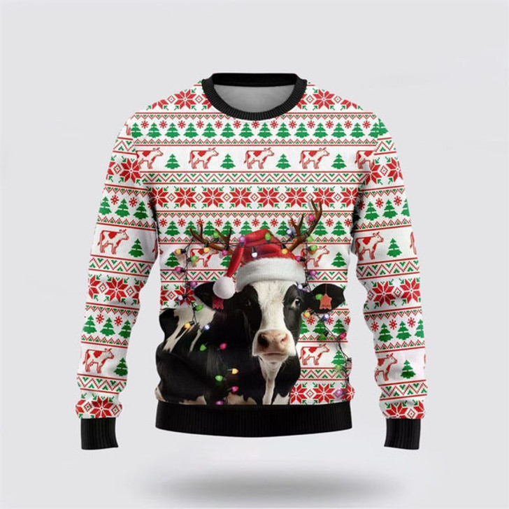 FUNSTUFFPRINT Reindeer Dairy Cow Ugly Christmas Sweater, Farm Sweater, Christmas Gift, Best Winter Outfit Christmas Ugly Sweater