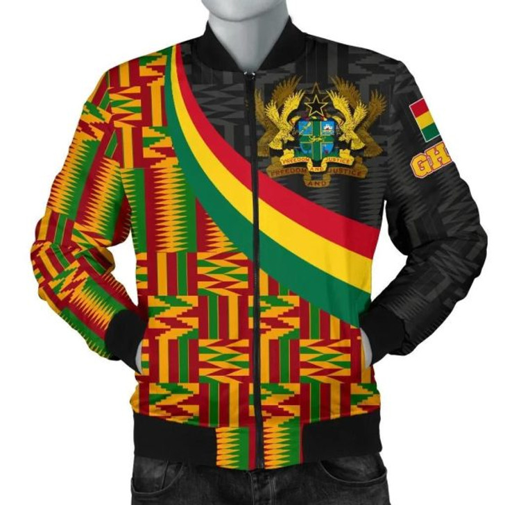 FUNSTUFFPRINT Ghana Men’s Bomber Jacket – Ghana Coat Of Arms and Kente Patterns – BN18 Bomber Jacket