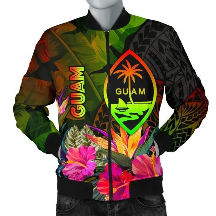 FUNSTUFFPRINT Guam Polynesian Men’s Bomber Jacket – Hibiscus and Banana Leaves – BN15 Bomber Jacket