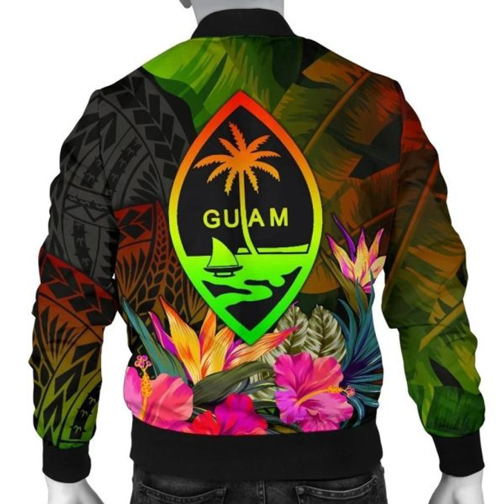 FUNSTUFFPRINT Guam Polynesian Men’s Bomber Jacket – Hibiscus and Banana Leaves – BN15 Bomber Jacket