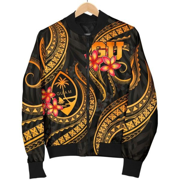 FUNSTUFFPRINT Guam Polynesian Women Bomber Jacket – Gold Plumeria – BN11 Bomber Jacket