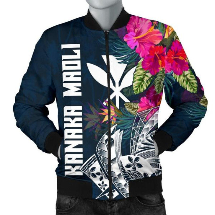 FUNSTUFFPRINT Hawaii Men’s Bomber Jacket – Polynesian Hibiscus with Summer Vibes – BN15 Bomber Jacket