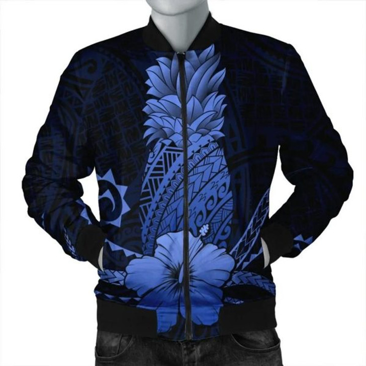 FUNSTUFFPRINT Hawaii Polynesian Pineapple Hibiscus Bomber Jacket – Blue – AH – J4R Bomber Jacket