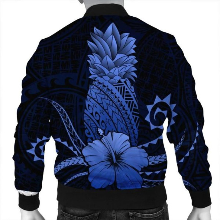 FUNSTUFFPRINT Hawaii Polynesian Pineapple Hibiscus Bomber Jacket – Blue – AH – J4R Bomber Jacket
