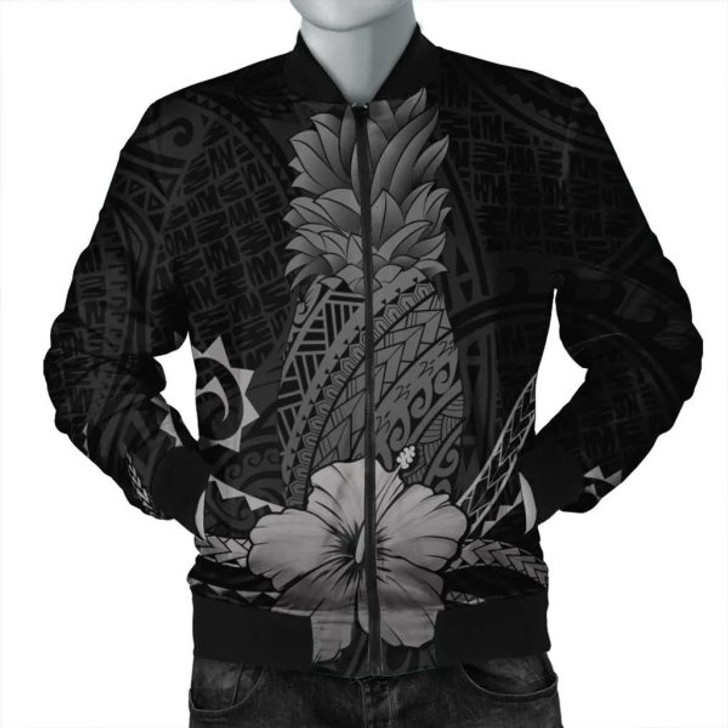 FUNSTUFFPRINT Hawaii Polynesian Pineapple Hibiscus Bomber Jacket – Gray – AH – J4R Bomber Jacket