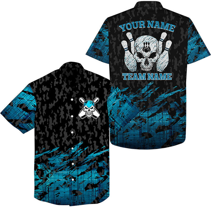 Custom Skull Bowling Hawaiian Shirt Custom Name And Team Name Blue Bowling Skeleton, Team Bowling Shirts