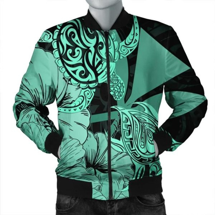 FUNSTUFFPRINT Hawaii Turtle Hibiscus Polynesian Vintage Bomber Jacket