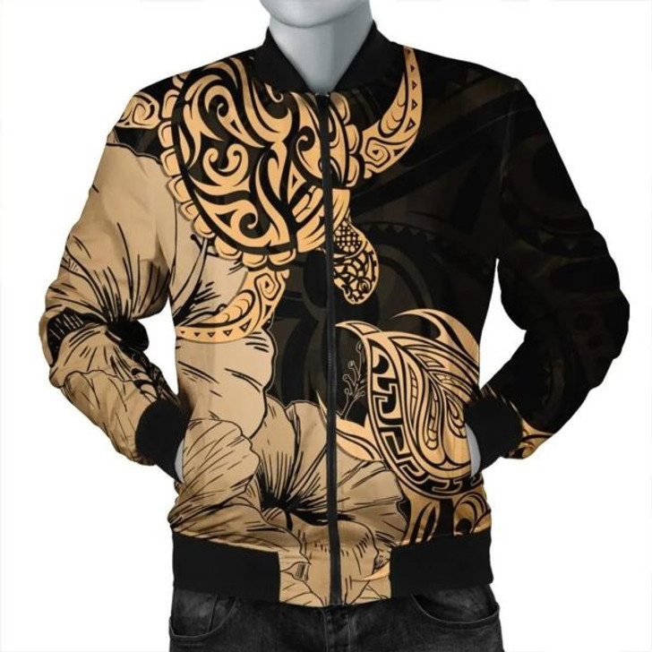 FUNSTUFFPRINT Hawaii Turtle Hibiscus Polynesian Vintage Bomber Jacket