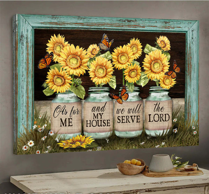 Sunflower Jars Butterfly We Will Serve The Lord Jesus Canvas Wall Art - Christian Poster - Religious Wall Decor
