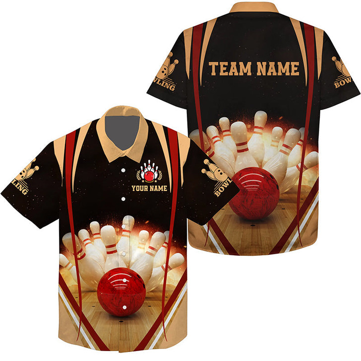 Custom Black Vintage Hawaiian Bowling Shirts Custom Name And Team Name Mens Bowler Shirt, Bowling Team Shirts