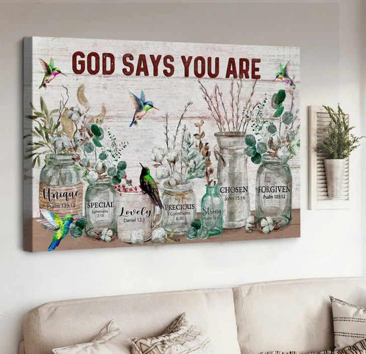 Flower Vintage Garden Hummingbird God Says You Are Unique Canvas Wall Art - Christian Poster - Religious Wall Decor