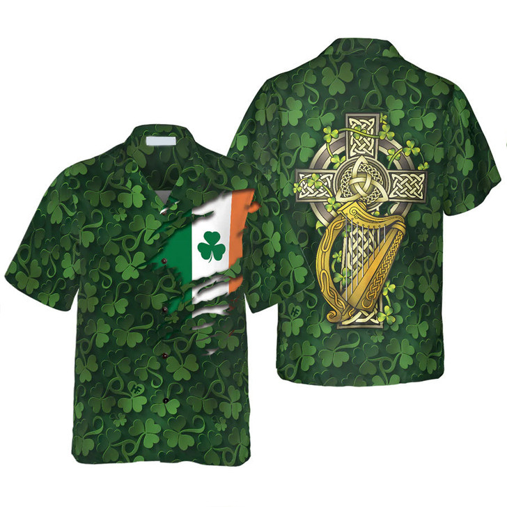 Saint Patrick's Day Shamrock Celtic Cross Harp Irish Hawaiian Shirt