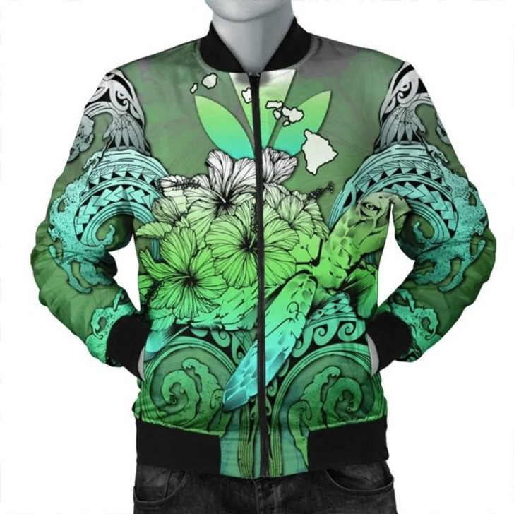 FUNSTUFFPRINT Hawaii Turtle Wave Polynesian Bomber Jacket – Hey Style Green – AH – J4R Bomber Jacket