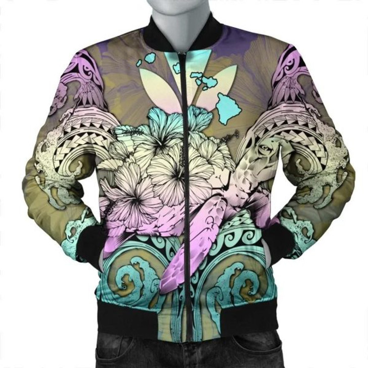 FUNSTUFFPRINT Hawaii Turtle Wave Polynesian Bomber Jacket – Hey Style Yellow – AH – J4R Bomber Jacket