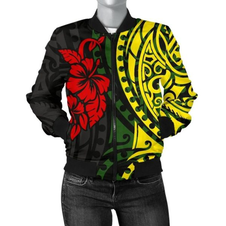 FUNSTUFFPRINT Hawaii Women’s Bomber Jacket – Polynesian Patterns With Hibiscus Flowers – BN15 Bomber Jacket