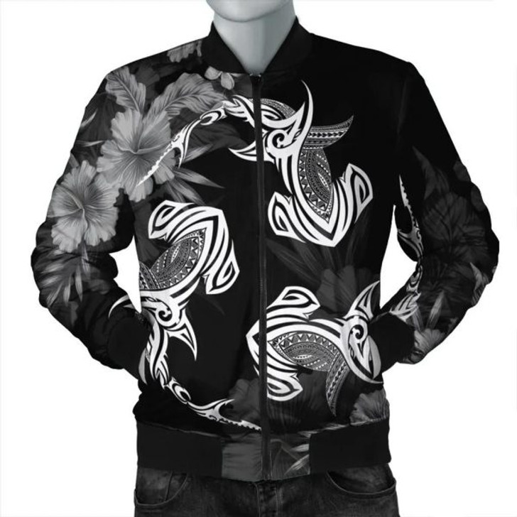 FUNSTUFFPRINT Hawaiian Hammerhead Shark Hibiscus White Polynesian Bomber Jacket – AH – J4R Bomber Jacket