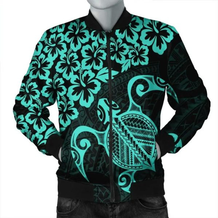 FUNSTUFFPRINT Hawaii Turtle Hibiscus Polynesian Vintage Bomber Jacket