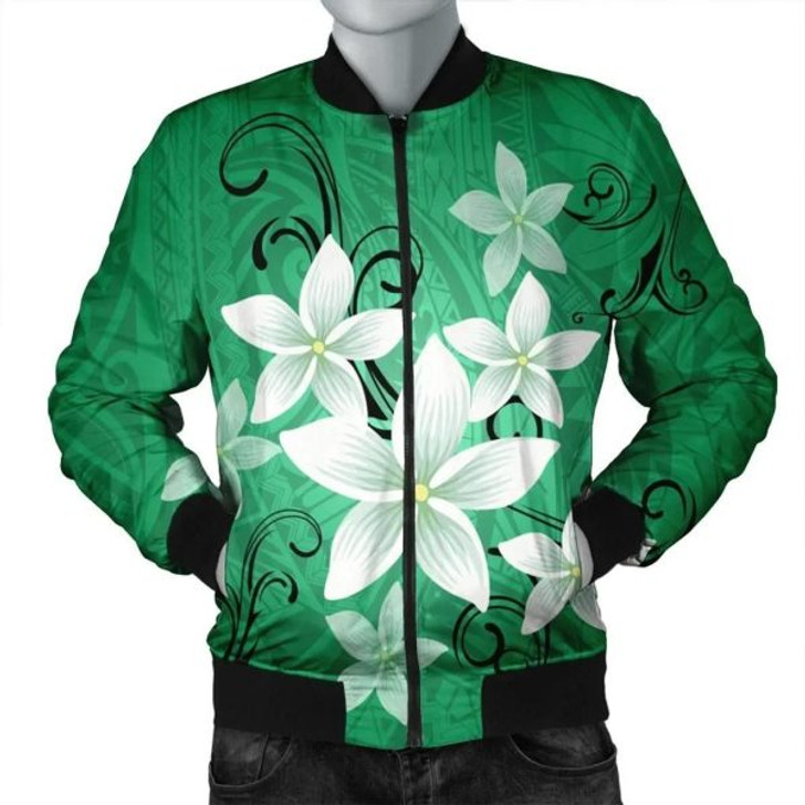 FUNSTUFFPRINT Hawaiian Plumeria Polynesian Bomber Jacket – Green – AH – J4R Bomber Jacket