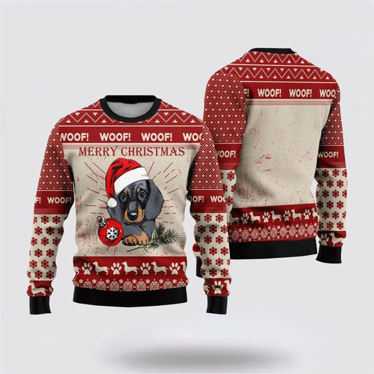 FUNSTUFFPRINT Christmas Dachshund Woof Merry Christmas Ugly Christmas Sweater For Men And Women, Gift For Christmas, Best Winter Christmas Outfit Ugly  Sweater