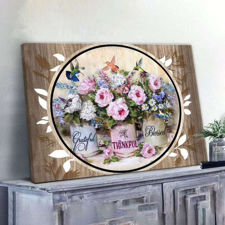Grateful Thankful Blessed Hummingbird Flowers Canvas Wall Art - Christian Canvas - Faith Canvas