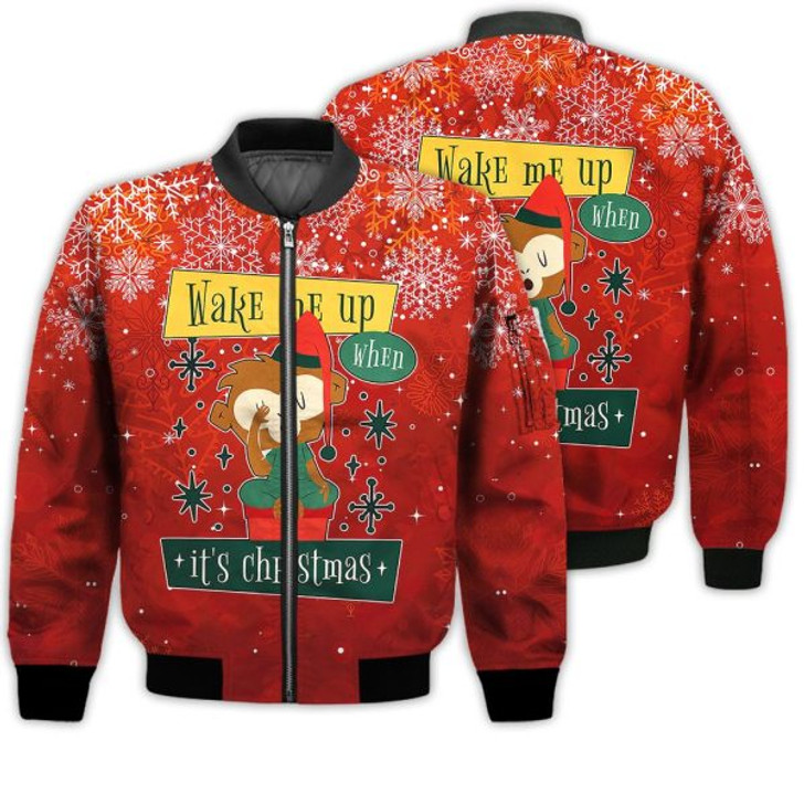 FUNSTUFFPRINTI Merry Christmas Wake Me Up When It’s Christmas Retro Christmas Holiday Gifts Unisex 3D Bomber Jacket