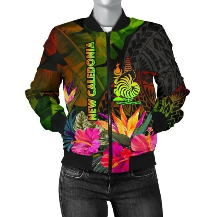 FUNSTUFFPRINTI New Caledonia Polynesian Women’s Bomber Jacket- Hibiscus and Banana Leaves – BN15 Bomber Jacket