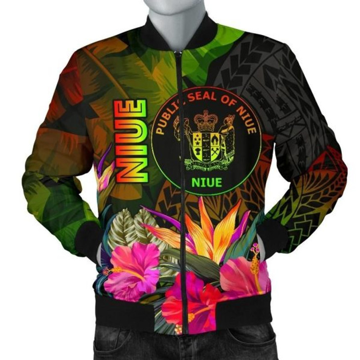 FUNSTUFFPRINTI Niue Polynesian Men’s Bomber Jacket – Hibiscus and Banana Leaves – BN15 Bomber Jacket