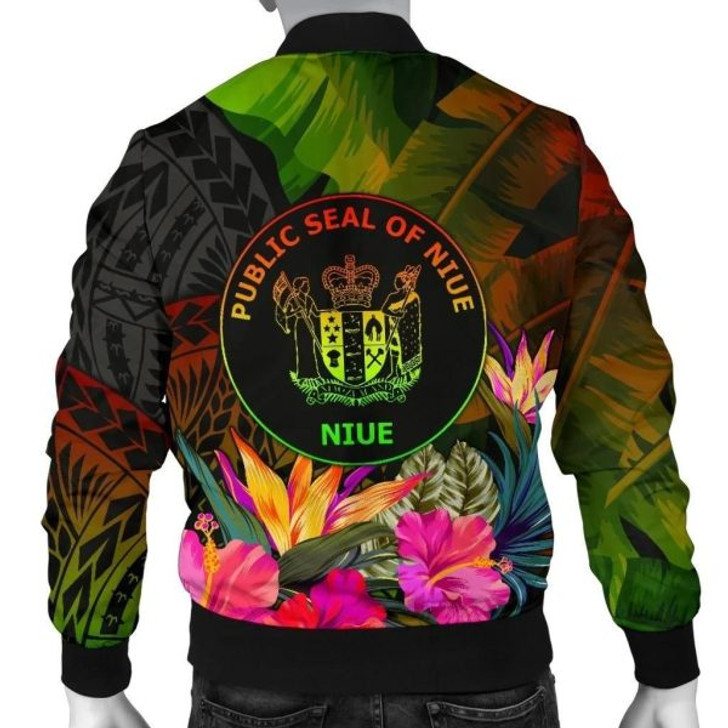 FUNSTUFFPRINTI Niue Polynesian Men’s Bomber Jacket – Hibiscus and Banana Leaves – BN15 Bomber Jacket