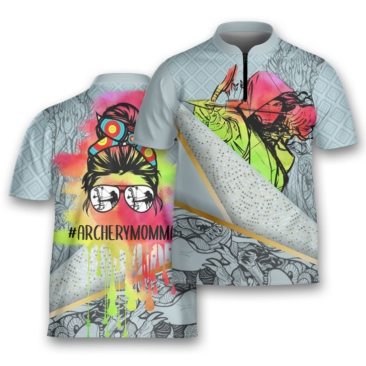Custom Archery Momma Life Messy Bun Hair Glasses Shooter Archery Jersey Zipper Shirt