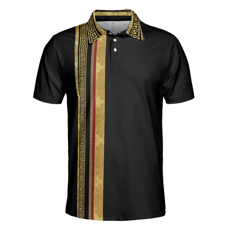 Men Polo Shirt - Luxury Baroque Pattern Eagle Badge Golf Polo Shirt - Gift For men - Golden Greek Key Pattern Polo Shirt
