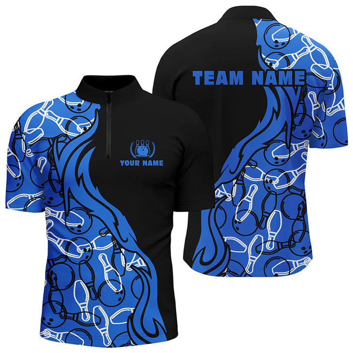 Custom Black and blue pattern bowling Quarter Zip shirts for men, custom team bowling jerseys for men bowlers